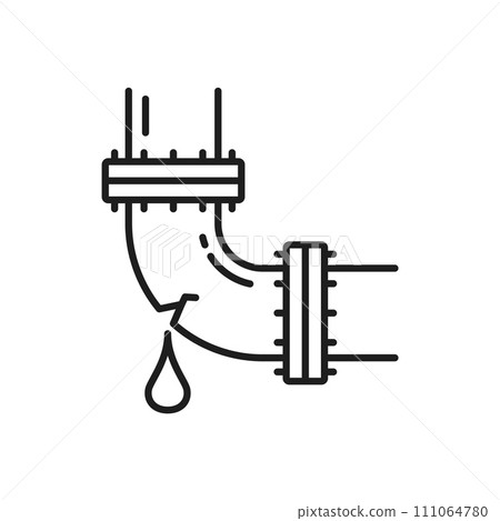 Plumbing service icon with broken sewage pipe. Plumbing maintenance outline icon or sign, sewage fixing or leaking water pipe repair thin line vector linear pictogram or symbol 111064780