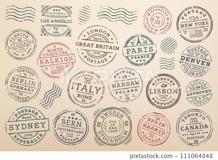 Postage and postal stamps. Postal envelope France, USA, Germany and Italy cities imprint, mail delivery departure country or region vector ink stamp or letter Poland, Spain and Canada town mark 111064848