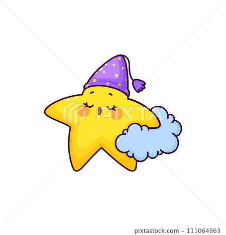 Cartoon cute funny kawaii star and twinkle character peacefully sleeps on fluffy cloud, adorned with a snug nightcap. Isolated vector adorable cosmic personage in its dreamy celestial nighttime haven Cartoon cute funny kawaii star and twinkle character peacefully sleeps on fluffy cloud, adorned with a snug nightcap. Isolated vector adorable cosmic personage in its dreamy celestial nighttime haven 111064863