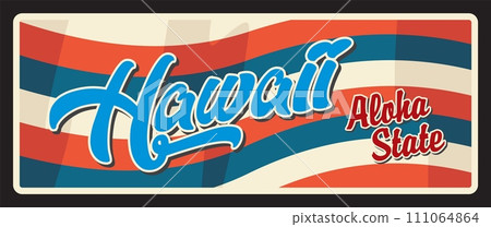 Vintage travel plate, USA state sign of Hawaii, american tourism retro plaque. Vintage plaque of Aloha state, Honolulu capital lettering, Western United States old metal tin card 111064864