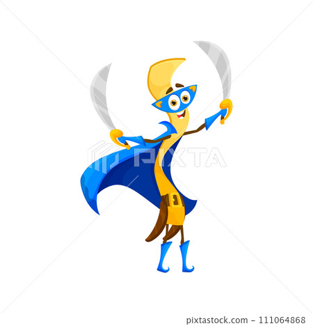 Cartoon fettuccine italian pasta superhero character. Isolated vector lively super hero noodle personage, wear cape, mask and weapon swords, ready to fight hunger and bring joy to the dinner table 111064868