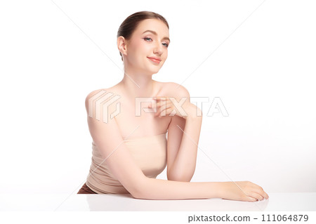 Beautiful young woman with clean fresh skin on white background, Face care, Facial treatment, Cosmetology, beauty and spa, women portrait. 111064879