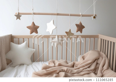 Scandinavian Baby crib mobile with wooden and textile stars Scandinavian Baby crib mobile with wooden and textile stars 111065285