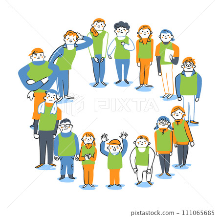 Volunteer set illustration of people wearing bibs or bibs from elementary school students to seniors standing in a circle 111065685
