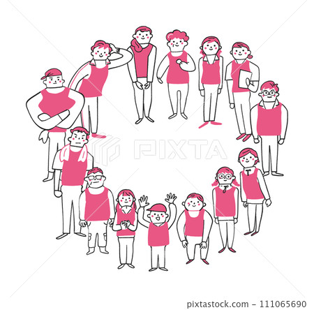 志工設置插圖，從小學生到老年人，穿著圍兜或圍兜的人站成一圈 111065690