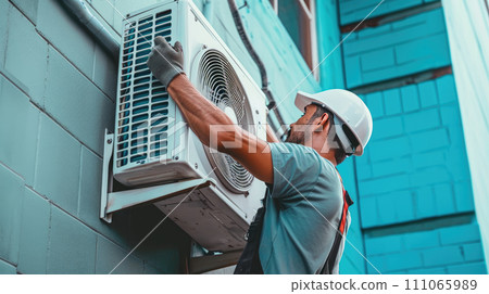 Male technician fixing air conditioner outdoors Male technician fixing air conditioner outdoors 111065989