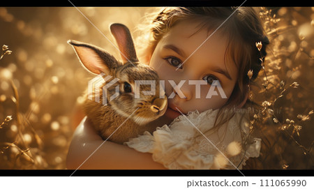 Tender Moment Between Child and Rabbit Tender Moment Between Child and Rabbit 111065990