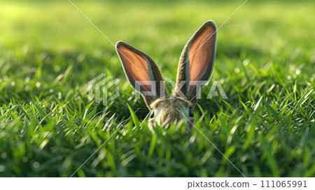 Hare Hiding in Lush Green Grass Hare Hiding in Lush Green Grass 111065991