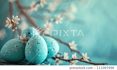 Speckled Easter Eggs on Aqua Background Speckled Easter Eggs on Aqua Background 111065996