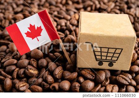 Canada flag with shopping cart on coffee bean, import export trade online commerce. Canada flag with shopping cart on coffee bean, import export trade online commerce. 111066030