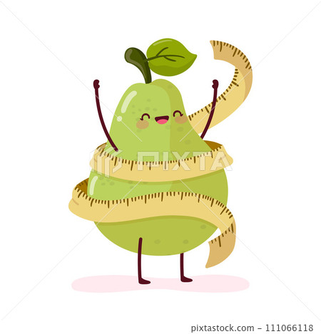 Funny green pear. Healthy fruit with a measuring meter Funny green pear. Healthy fruit with a measuring meter 111066118