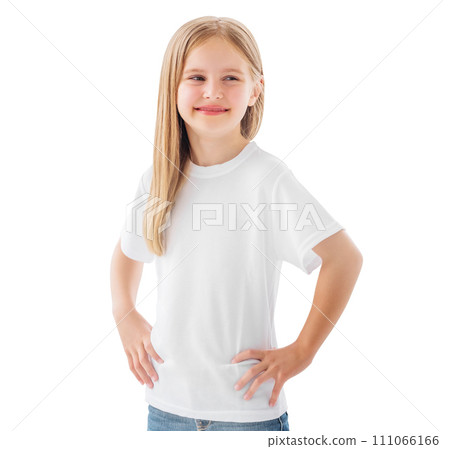 Beautiful little girl posing in a white blank t-shirt isolated on a white background Beautiful little girl posing in a white blank t-shirt isolated on a white background 111066166