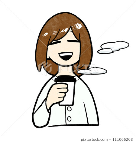 Woman taking a coffee break, collarless shirt, white Woman taking a coffee break, collarless shirt, white 111066208
