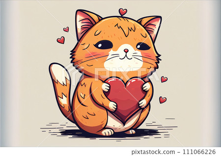 Cute cat holding a heart in its paws - postcard for Valentine's Dayt. AI generated 111066226
