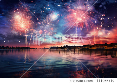 AI-generated content. Beautiful fireworks over the river or sea with reflections in the water. New year or independence day celebrations 111066319
