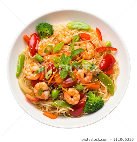 Stir fried rice noodle with shrimps, bell pepper and spinach in soy sauce. Thailand food. Stir fried rice noodle with shrimps, bell pepper and spinach in soy sauce. Thailand food. 111066336
