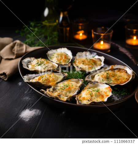 Oysters baked with cheese on plate. Homemade creamy oysters rockefeller with cheese. Oysters baked with cheese on plate. Homemade creamy oysters rockefeller with cheese. 111066337