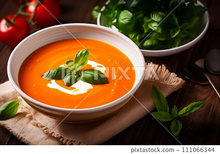 Tomato soup puree in a bowl with cream and fresh basil leaves. Tomato soup puree in a bowl with cream and fresh basil leaves. 111066344