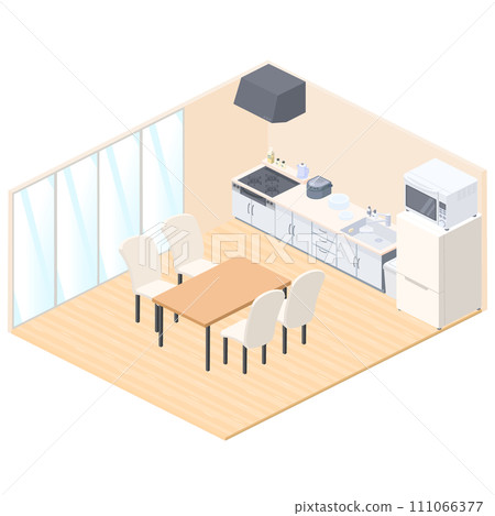 Isometric illustration of dining and kitchen Isometric illustration of dining and kitchen 111066377