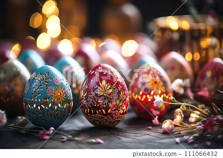 Painted red and blue eggs on background of bokeh effect. 111066432