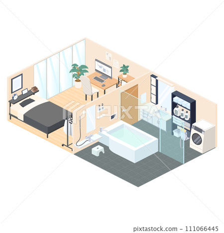 Isometric illustration of washroom, bathroom and work room Isometric illustration of washroom, bathroom and work room 111066445