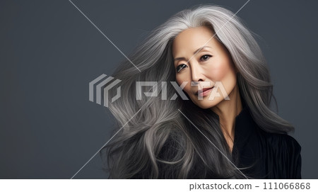 AI-generated content. Smiling, elderly, gorgeous Asian woman with gray long hair and perfect skin, on a silver background, banner. 111066868