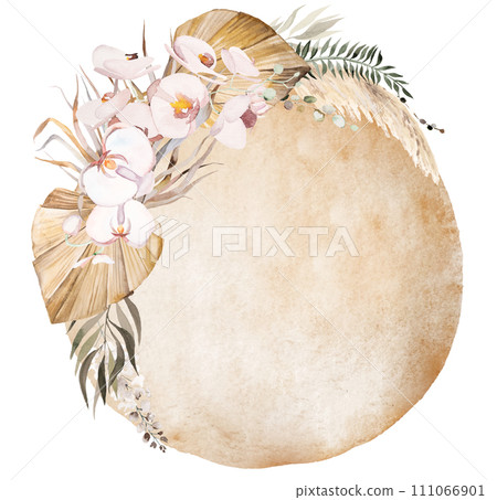 Watercolor round frame with beige tropical leaves and orchid flowers, Boho Wedding  illustration 111066901