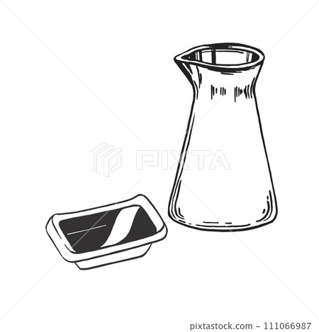 vector illustration of Japanese food theme with soy sauce in the bottle and dish, hand drawn inked monochrome sketch of seafood isolated on white background 111066987