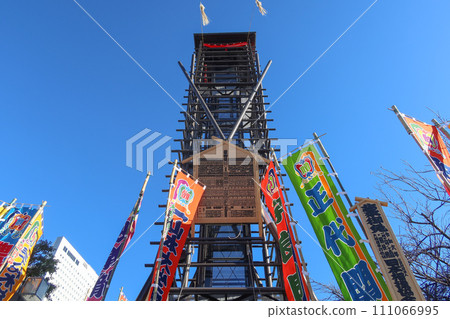 Yagura and flags at Ryogoku Kokugikan National Sumo Arena in Tokyo, Japan. January 26, 2024 Yagura and flags at Ryogoku Kokugikan National Sumo Arena in Tokyo, Japan. January 26, 2024 111066995