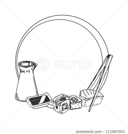 vector illustration of Japanese food theme with rolls, sushi, sashimi, soy sauce, chopsticks, hand drawn inked monochrome sketch of seafood, circle frame isolated on white background 111067001