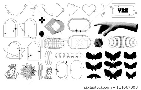 Set of geometric linear shapes in trendy retro style. 00s aesthetic frames and butterfly silhouettes. Modern minimalist arch frame with sparkles. Vector illustration. 111067308