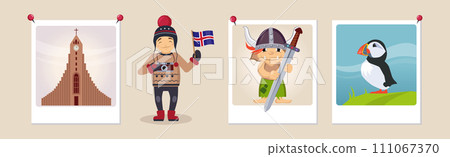 Man Photographer and Norway Travel Photo and Picture Pin to Wall Vector Set 111067370