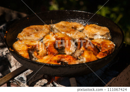 Pan frying or home cooking fish on the fire. 111067424