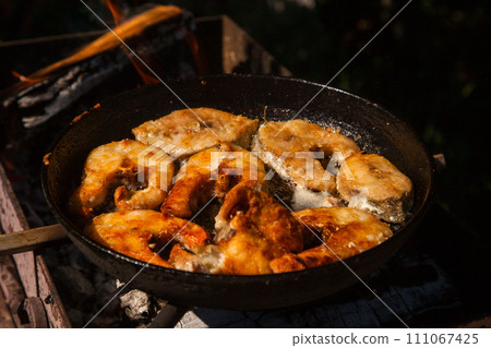 Pan frying or home cooking fish on the fire. 111067425
