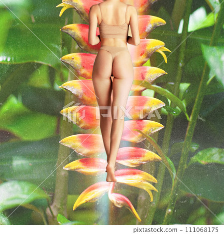 Conceptual design with slim female body in beige underwear standing over vibrant heliconia flower. Yoga, meditation and unity with nature. Conceptual design with slim female body in beige underwear standing over vibrant heliconia flower. Yoga, meditation and unity with nature. 111068175