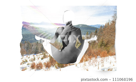 Wellness, balance and health care promotion. Silhouette of female body, woman sitting on top of mountain and practicing yoga. Wellness, balance and health care promotion. Silhouette of female body, woman sitting on top of mountain and practicing yoga. 111068196