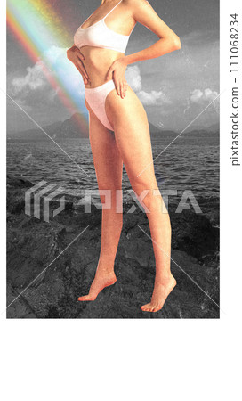 Purity of nature. Abstract image of slim female body, woman in underwear standing on seaside background with rainbow element. 111068234