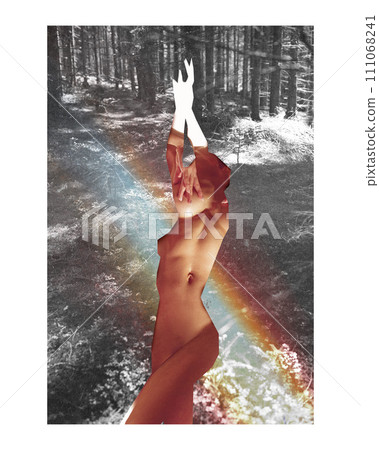 Surreal conceptual collage of female silhouette with forest scene and abstract rainbow elements. Conceptual design. Surreal conceptual collage of female silhouette with forest scene and abstract rainbow elements. Conceptual design. 111068241