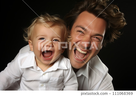 Vibrant Father-Son Bond. Delighted Dad and Son Engaging in Exciting Playful Moment on Fathers Day Vibrant Father-Son Bond. Delighted Dad and Son Engaging in Exciting Playful Moment on Fathers Day 111068369