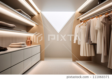 Modern warm wood and white walk in closet dressing room, minimal walk in wardrobe interior design. generative ai Modern warm wood and white walk in closet dressing room, minimal walk in wardrobe interior design. generative ai 111068371