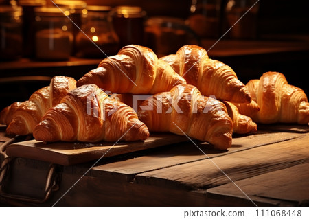 Freshly Baked Croissants - Delicious Flaky Pastries with a Crispy Texture and Fragrant Aroma 111068448