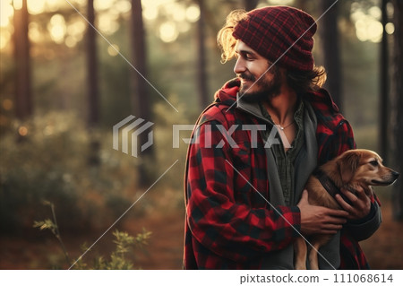 Joyful Young Man Embracing a Cute Dog with Delight in Open Air, Ample Copy Space for Text 111068614