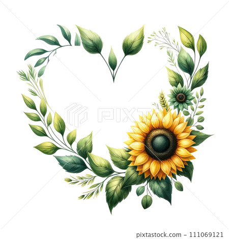 heart-shaped watercolor greenery floral frame featuring sunflower 111069121
