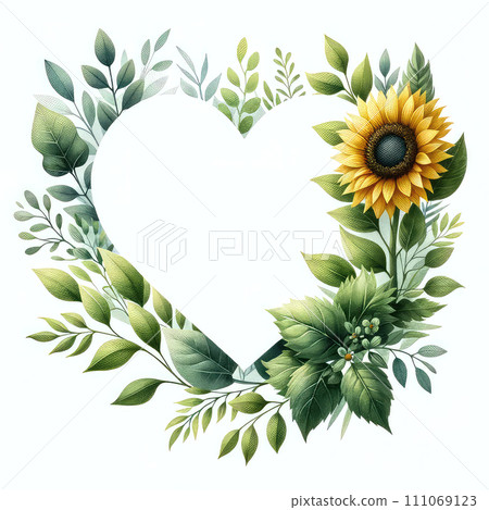 heart-shaped watercolor greenery floral frame featuring sunflower 111069123