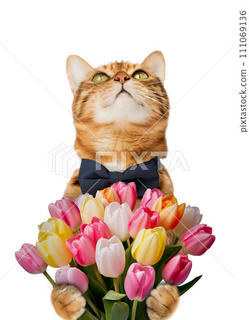 Cat with a bouquet of tulips for birthday, mothers day. Cat with a bouquet of tulips for birthday, mothers day. 111069136