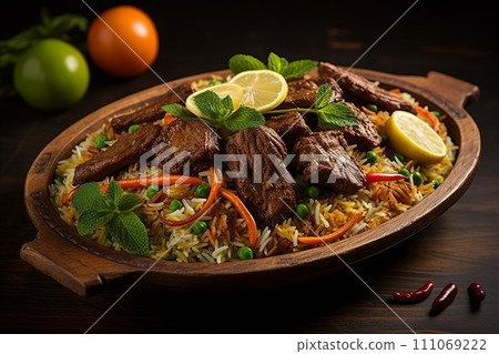 Delicious and Flavorful Traditional Indian Biryani Dish with Fragrant Basmati Rice and Spices 111069222