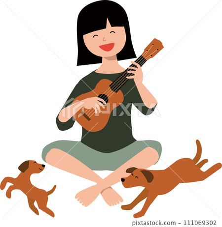 Dog running around with ukulele girl Dog running around with ukulele girl 111069302