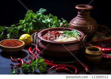 Aromatic Rajma Chawal. Traditional Indian Delicacy with Fragrant Spices and Ample Text Space 111069311