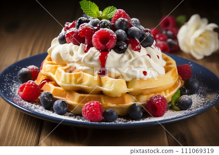 Delicious Belgian Waffles with Blueberries, Raspberries, and Whipped Cream, Copy Space Delicious Belgian Waffles with Blueberries, Raspberries, and Whipped Cream, Copy Space 111069319