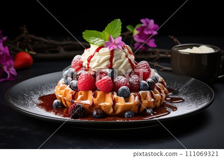 Delicious Belgian Waffles with Blueberries, Raspberries, and Whipped Cream, Copy Space Delicious Belgian Waffles with Blueberries, Raspberries, and Whipped Cream, Copy Space 111069321